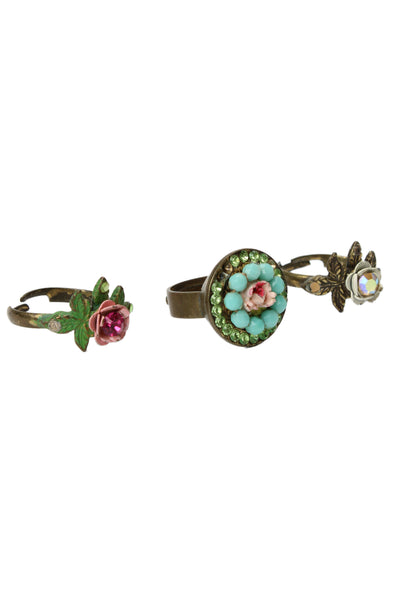 Michal Negrin Womens Vintage Brass Multicolor Rhinestone Floral Ring Set 3 OS