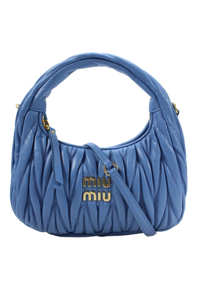 Miu Miu Womens Logo Front Matelasse Nappa Leather Mini Hobo Handbag Wave Blue