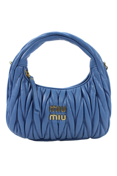 Miu Miu Womens Logo Front Matelasse Nappa Leather Mini Hobo Handbag Wave Blue