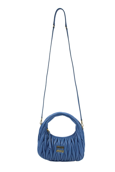 Miu Miu Womens Logo Front Matelasse Nappa Leather Mini Hobo Handbag Wave Blue