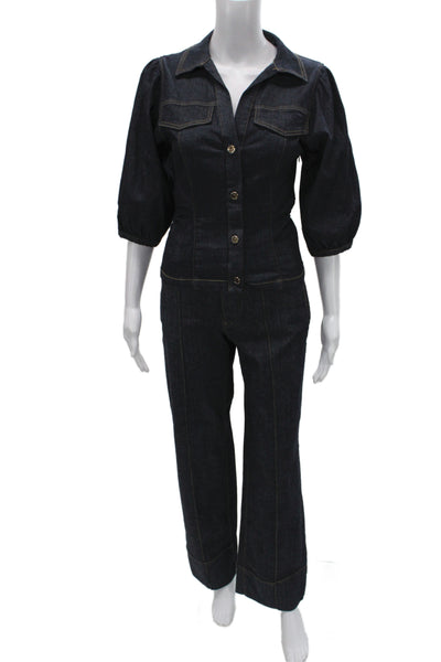 Zara Womens Denim Button Down Puffy Sleeves Shirt Pant Set Blue Size Extra Small