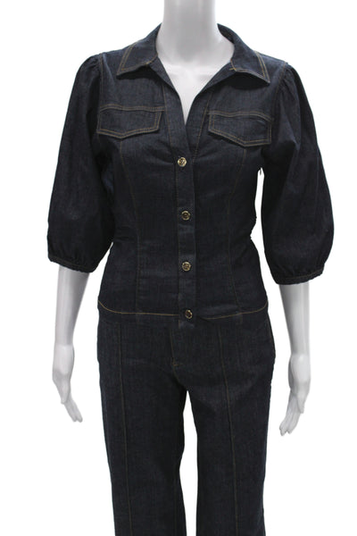 Zara Womens Denim Button Down Puffy Sleeves Shirt Pant Set Blue Size Extra Small