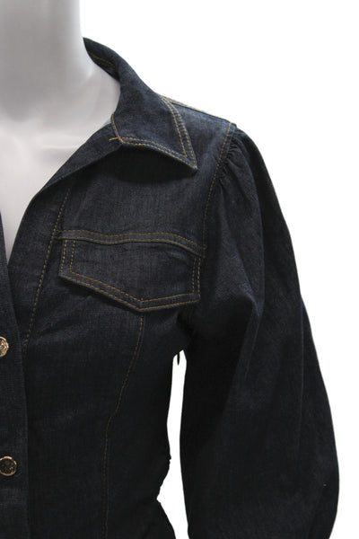 Zara Womens Denim Button Down Puffy Sleeves Shirt Pant Set Blue Size Extra Small
