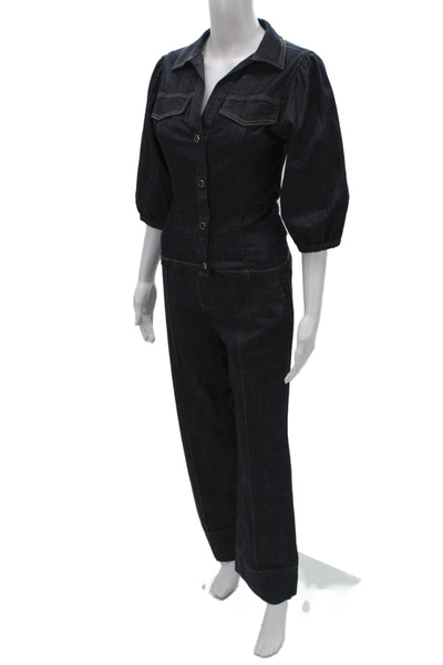 Zara Womens Denim Button Down Puffy Sleeves Shirt Pant Set Blue Size Extra Small