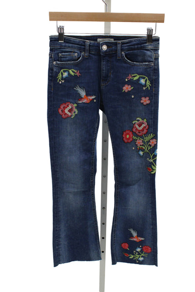 Zara Woman Women Cropped Straight Dark Blue Denim Floral Bird Jeans Size 2