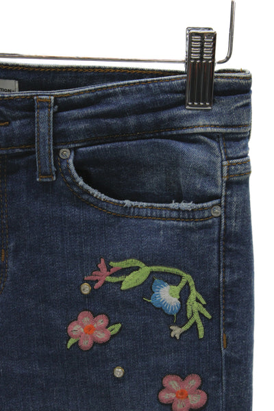 Zara Woman Women Cropped Straight Dark Blue Denim Floral Bird Jeans Size 2