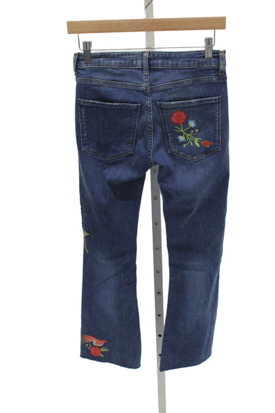 Zara Woman Women Cropped Straight Dark Blue Denim Floral Bird Jeans Size 2