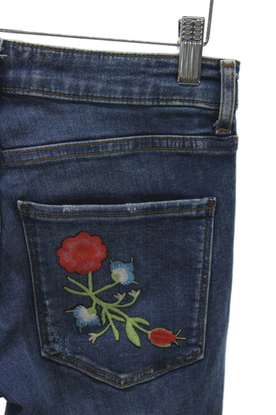 Zara Woman Women Cropped Straight Dark Blue Denim Floral Bird Jeans Size 2