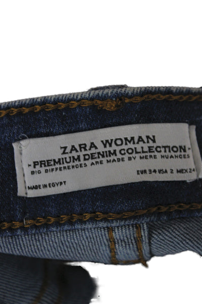 Zara Woman Women Cropped Straight Dark Blue Denim Floral Bird Jeans Size 2