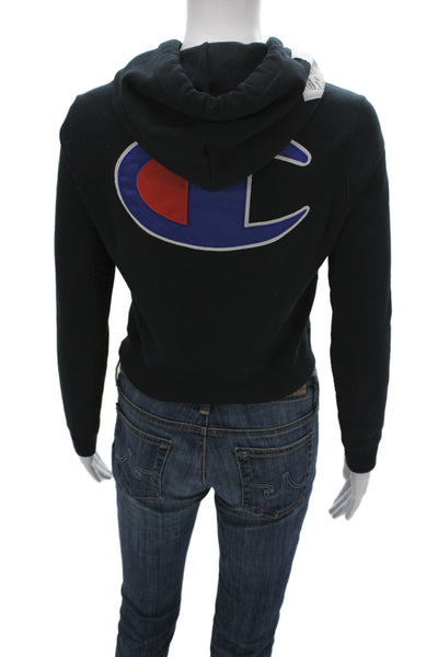 Champion Women Pullover Hoodie Black Graphic Drawstring Cotton Blend Size M
