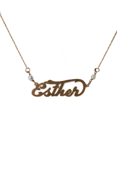 Designer Womens 13K Y Gold Pearl Accent Esther Nameplate Necklace 20" 2.6g
