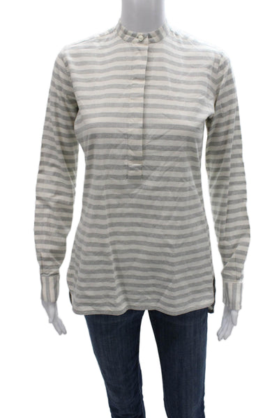 Ann Mashburn Women Striped Cotton Tunic Button Long Sleeve Gray Size XS