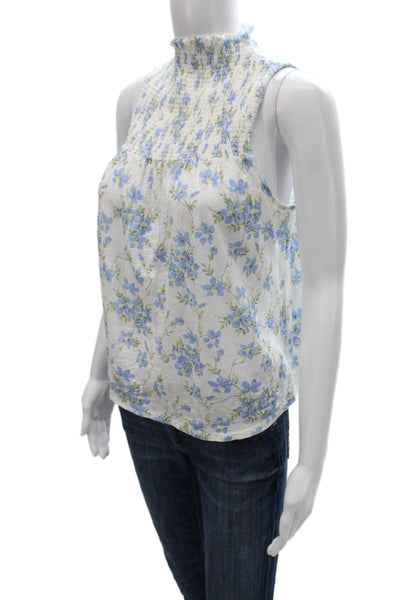 Goldie Women Sleeveless High Neck Floral Pima Cotton Blouse White Size S