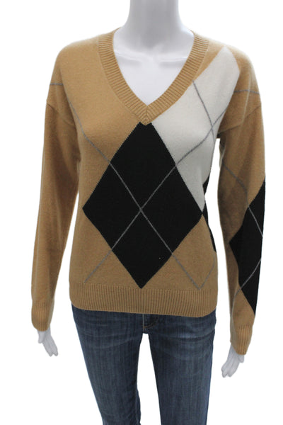 Minnie Rose Unisex V-Neck 100% Cashmere Argyle Pullover Beige Size S