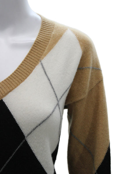 Minnie Rose Unisex V-Neck 100% Cashmere Argyle Pullover Beige Size S