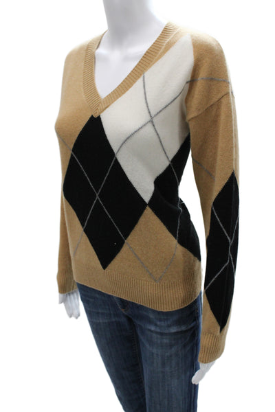 Minnie Rose Unisex V-Neck 100% Cashmere Argyle Pullover Beige Size S