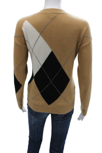 Minnie Rose Unisex V-Neck 100% Cashmere Argyle Pullover Beige Size S