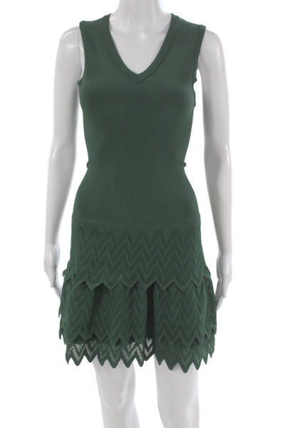 Alaia Women Fit & Flare V-Neck Sleeveless Green Geometric Sweater Dress Size 36