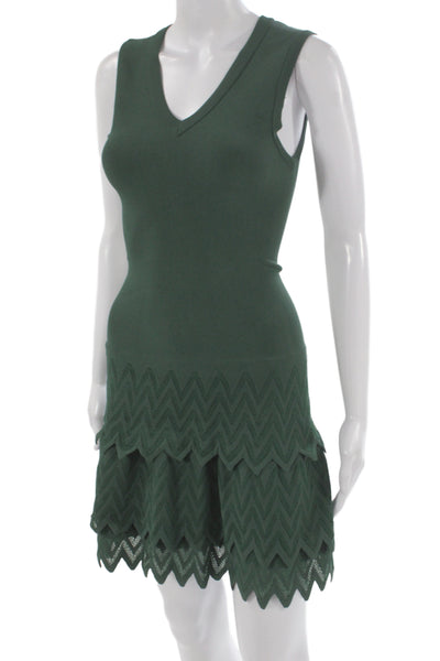 Alaia Women Fit & Flare V-Neck Sleeveless Green Geometric Sweater Dress Size 36