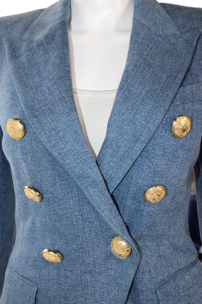 Balmain Womens Blue Military Jacket Button Collared Size 38