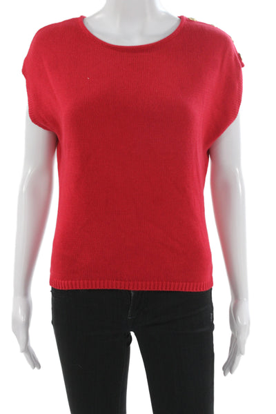 Rachel Zoe Women Basic Red Cotton Round Neck Short Sleeve Top Petite Size S