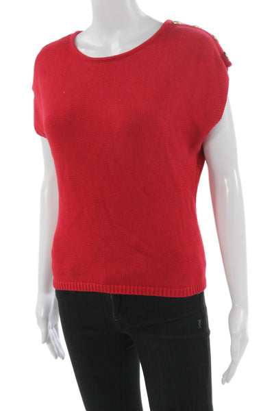 Rachel Zoe Women Basic Red Cotton Round Neck Short Sleeve Top Petite Size S