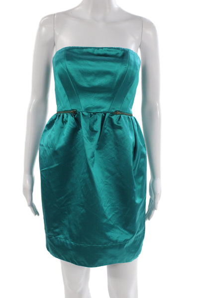 Shoshanna Women Strapless Mini Dress Green Satin Zip Short Size S