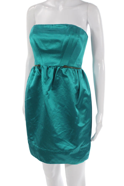 Shoshanna Women Strapless Mini Dress Green Satin Zip Short Size S