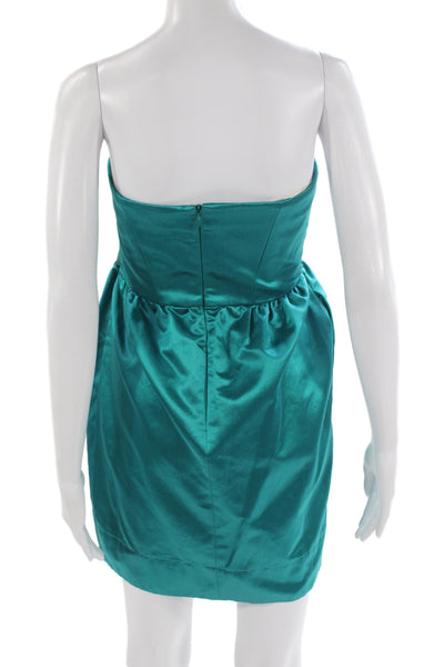 Shoshanna Women Strapless Mini Dress Green Satin Zip Short Size S