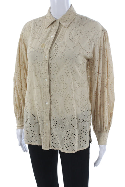 Nili Lotan Women Bohemian Collared Button Up Blouse Long Sleeve Beige Size XS