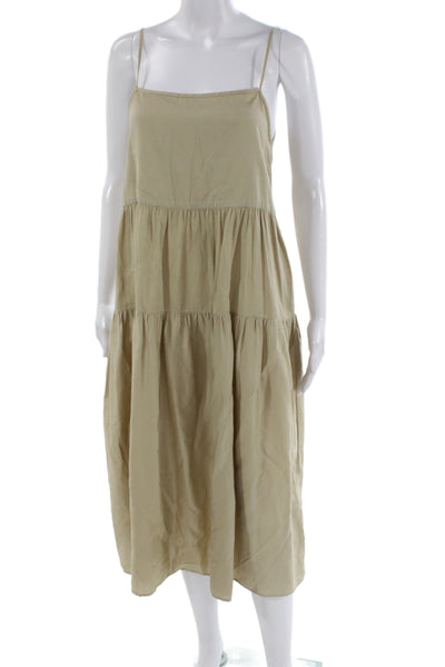 Enza Costa Women Slip Dress Beige 100% Cotton Square Neck Long Size 0