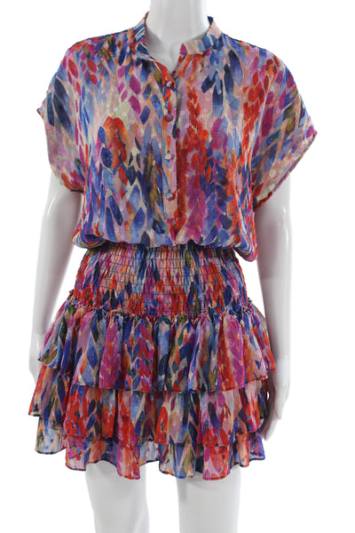 Misa Womens Blue Shirt Dress Blouson Short Sleeve Knee Length Size M