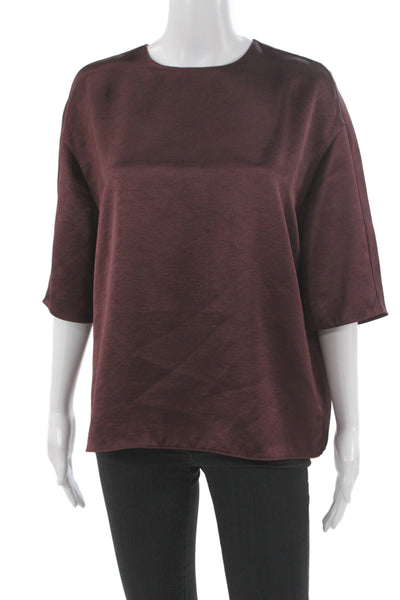 Vince Womens Basic Brown Round Neck 3/4 Sleeve Zip Blouse Size M
