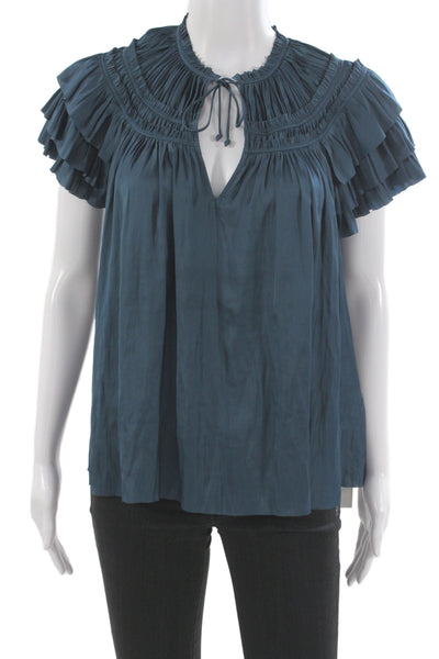 Ulla Johnson Womens Dark Blue Bohemian Blouse Short Sleeve Drawstring Size 6
