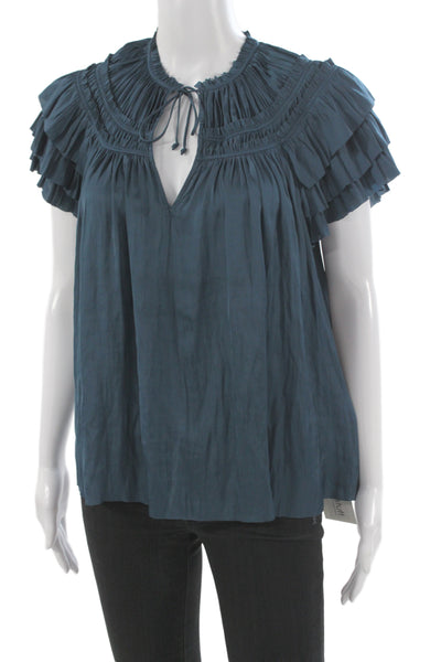 Ulla Johnson Womens Dark Blue Bohemian Blouse Short Sleeve Drawstring Size 6