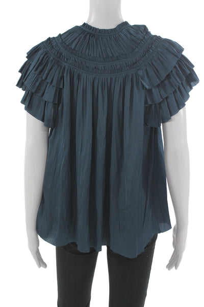 Ulla Johnson Womens Dark Blue Bohemian Blouse Short Sleeve Drawstring Size 6