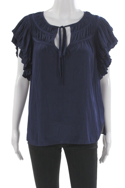 Ramy Brook Womens Dark Blue Bohemian Short Sleeve Blouse Round Neck Size M