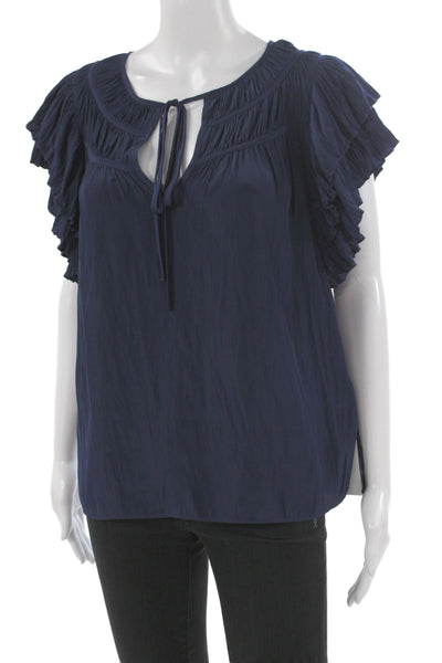 Ramy Brook Womens Dark Blue Bohemian Short Sleeve Blouse Round Neck Size M
