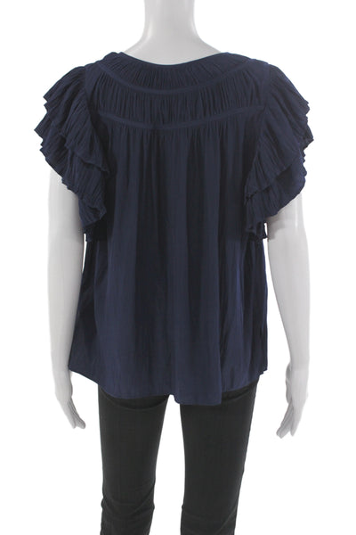 Ramy Brook Womens Dark Blue Bohemian Short Sleeve Blouse Round Neck Size M