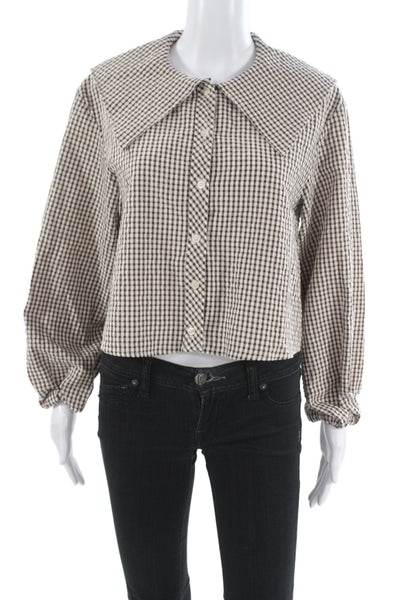 Zara Women Cropped Brown Check Collared Button-Up Blouse Long Sleeve Size S