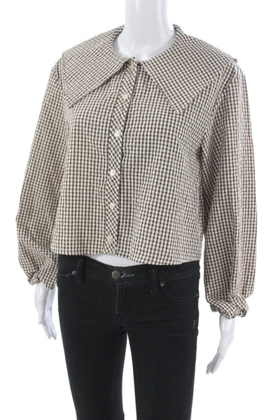 Zara Women Cropped Brown Check Collared Button-Up Blouse Long Sleeve Size S