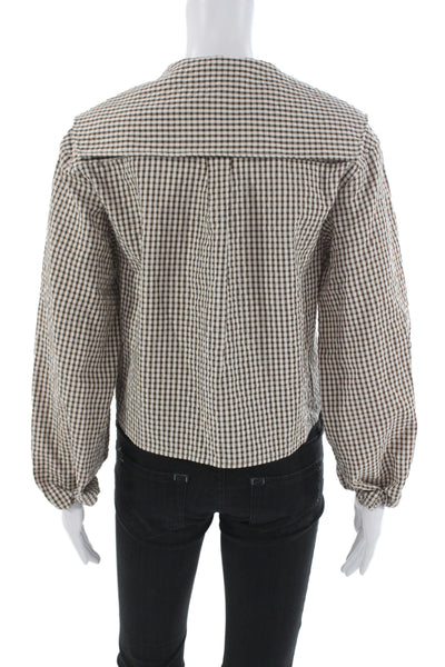 Zara Women Cropped Brown Check Collared Button-Up Blouse Long Sleeve Size S