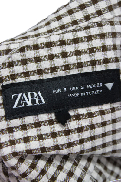 Zara Women Cropped Brown Check Collared Button-Up Blouse Long Sleeve Size S