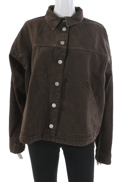Zara Women Brown Cotton Collared Button Long Sleeve Jacket Size M