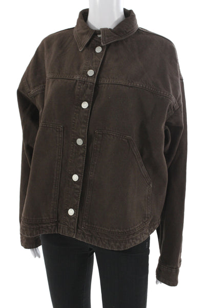 Zara Women Brown Cotton Collared Button Long Sleeve Jacket Size M