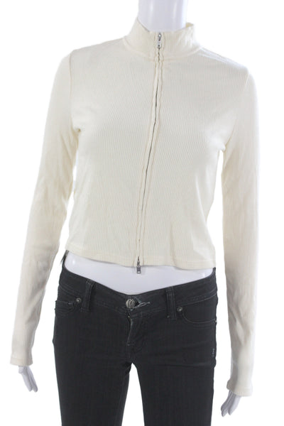 MNG Women Beige Full Zip Sweater Mock Neck Long Sleeve Size M