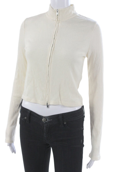 MNG Women Beige Full Zip Sweater Mock Neck Long Sleeve Size M