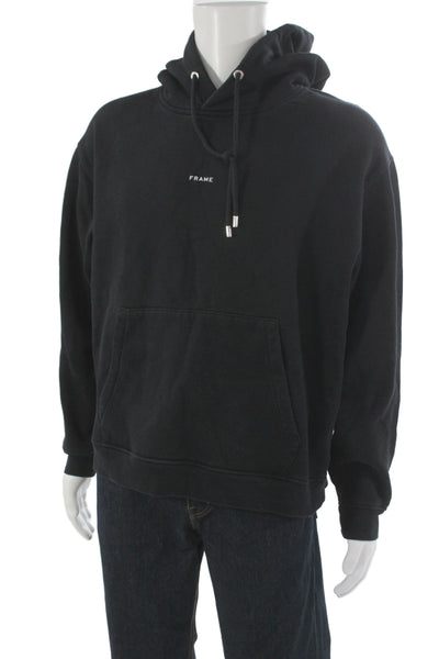 Frame Mens Pullover Hoodie Black Drawstring Cotton Blend Long Sleeve Size L