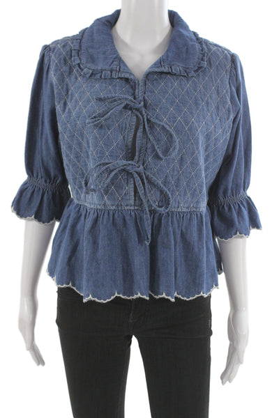 Seventy + Mochi Womens Argyle Collared Tie Blouse Dark Blue 3/4 Sleeve Size M
