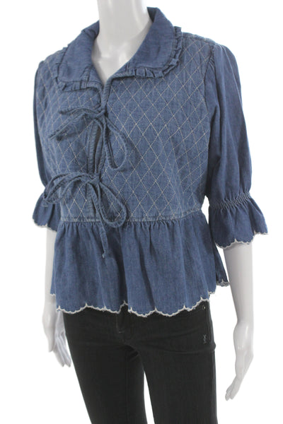 Seventy + Mochi Womens Argyle Collared Tie Blouse Dark Blue 3/4 Sleeve Size M